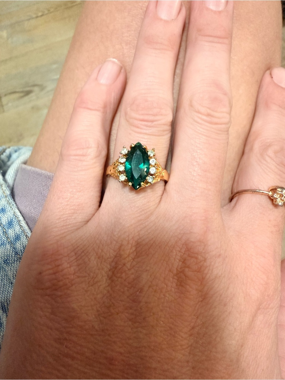Gold-Plated Ring with Emerald Green Marquise Stone and Accent Crystals
